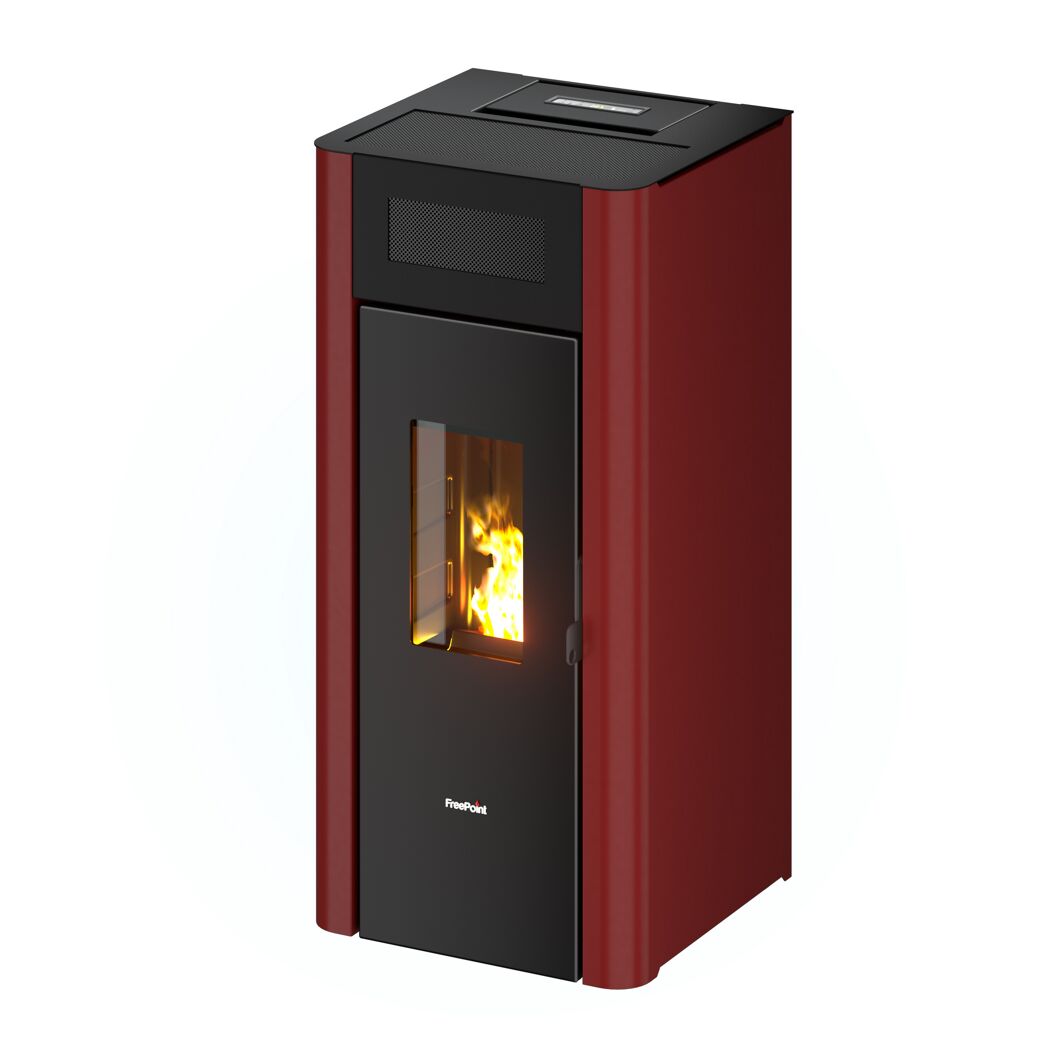 Roter Pelletofen Amaranto 9 mit brennendem Feuer