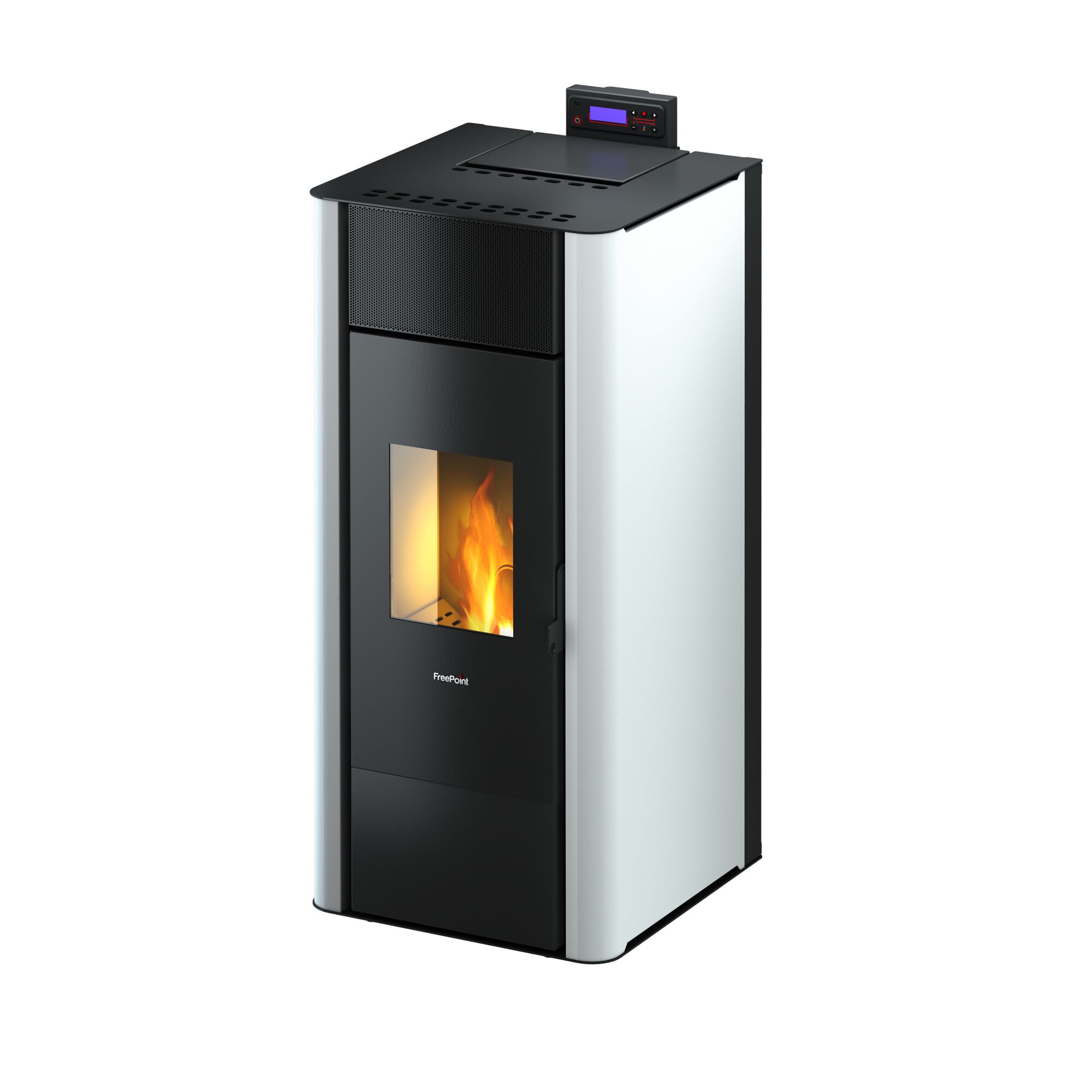 Pelletofen TESIS 23 weiß mit Flamme im Sichtfenster