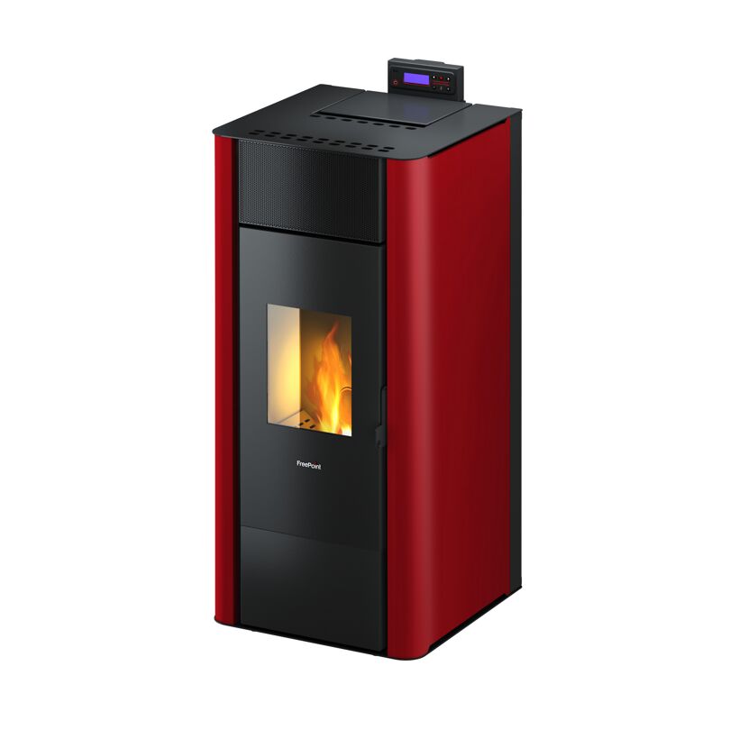 Roter Pelletofen TESIS 23 mit Flamme