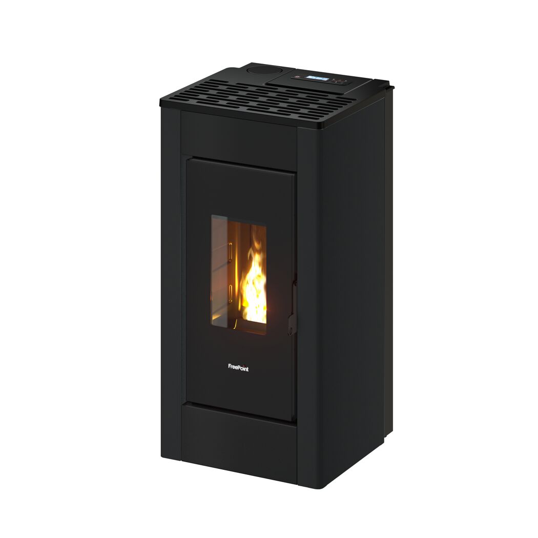 Schwarzer Pelletofen Sharp von Freepoint mit Flamme