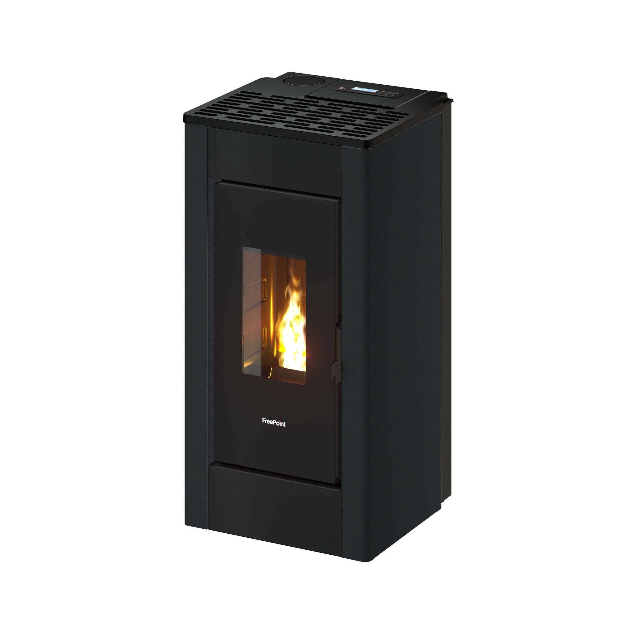 Schwarzer Pelletofen Sharp von Freepoint mit Flamme