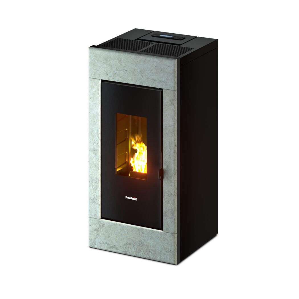 Pelletofen mit Natursteinverkleidung und sichtbaren Flammen.