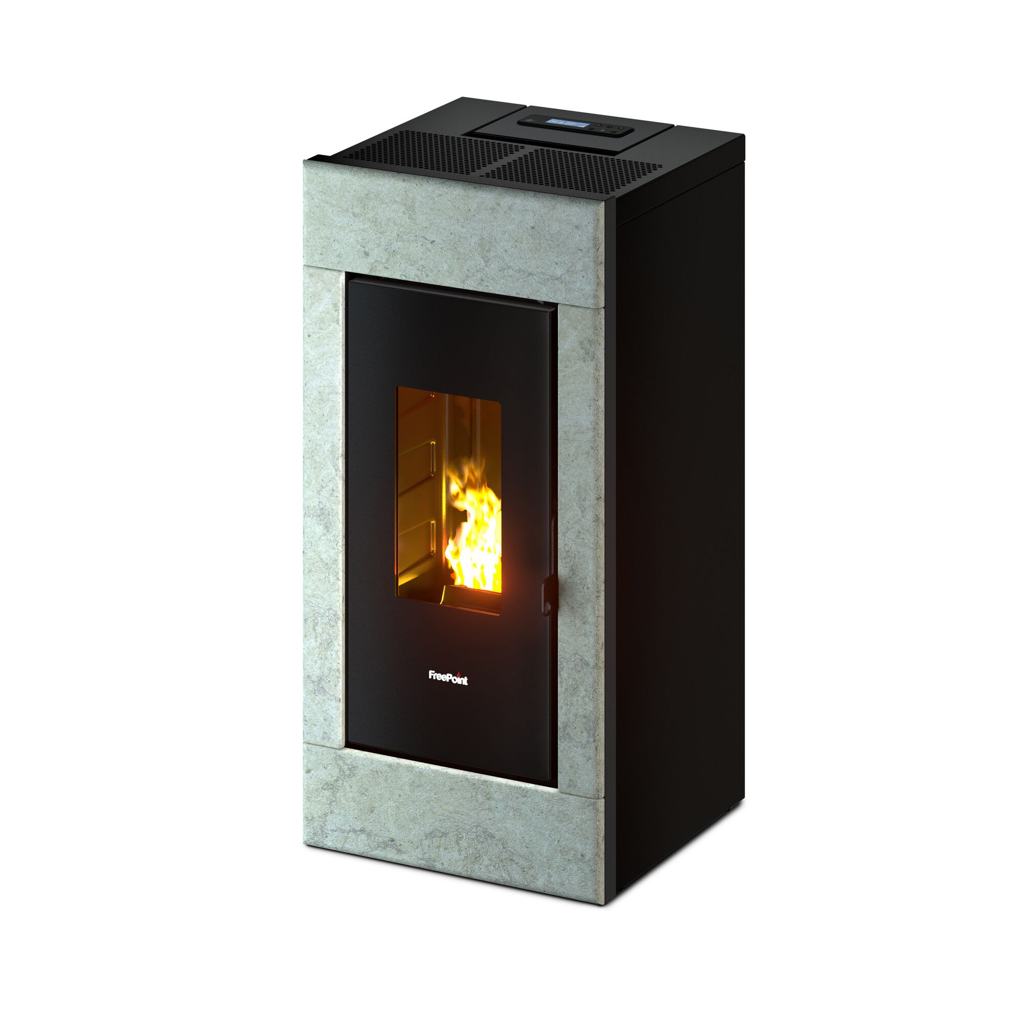 Pelletofen mit Natursteinverkleidung und sichtbaren Flammen.