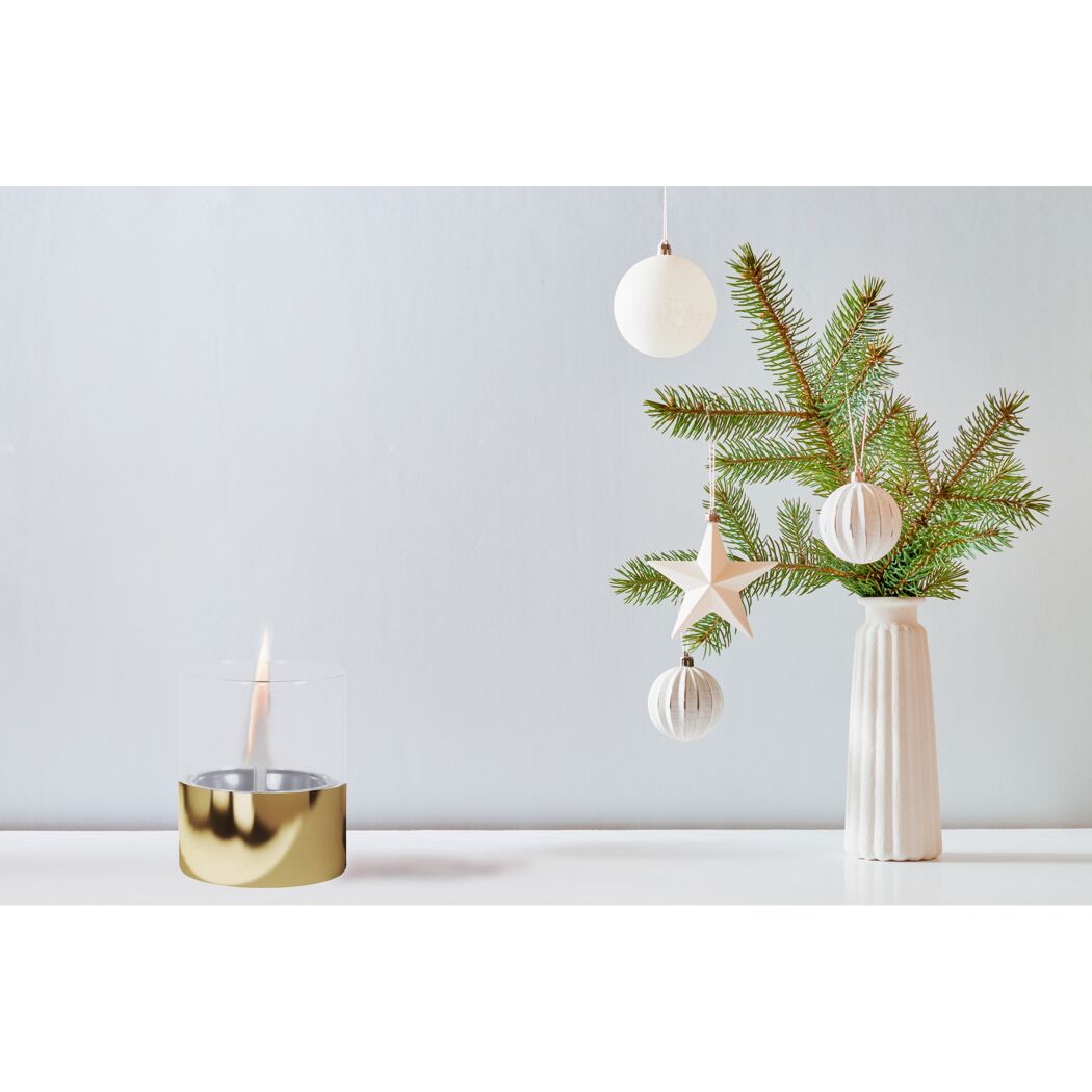 Tischfeuer LILLY mit goldenen Fuß und Weihnachtsbaumzweig