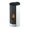 Weißer Pelletofen Breeze mit digitalem Display und sichtbaren Flammen.