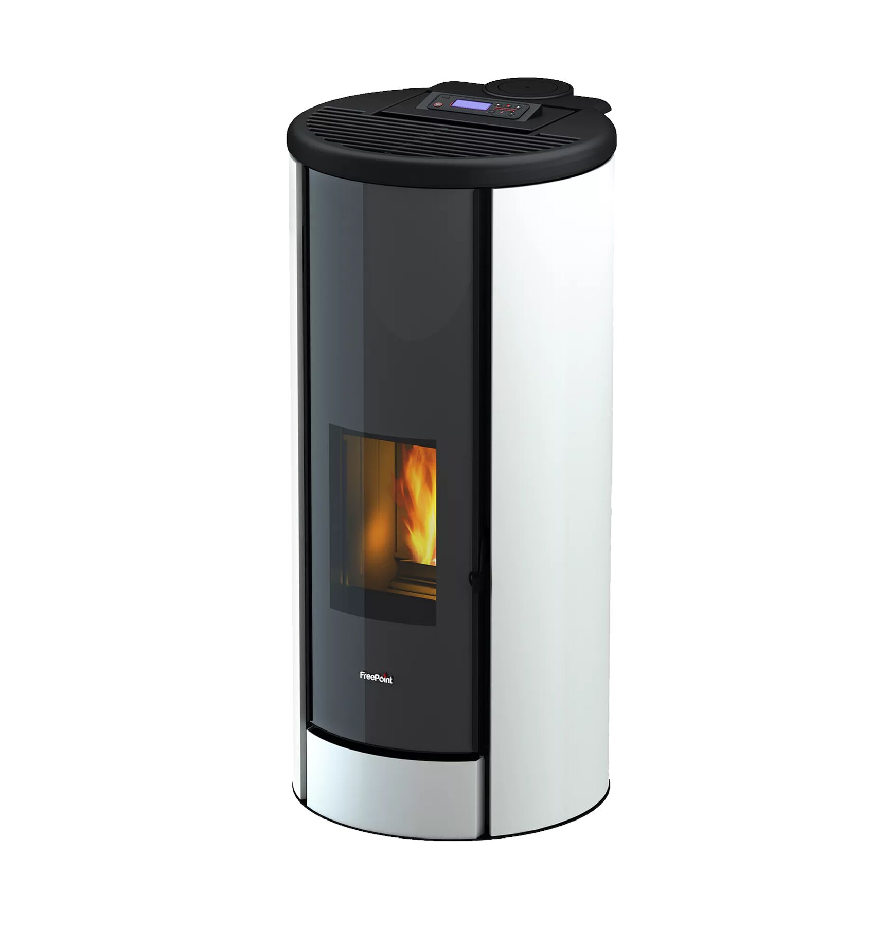 Weißer Pelletofen Breeze mit digitalem Display und sichtbaren Flammen.