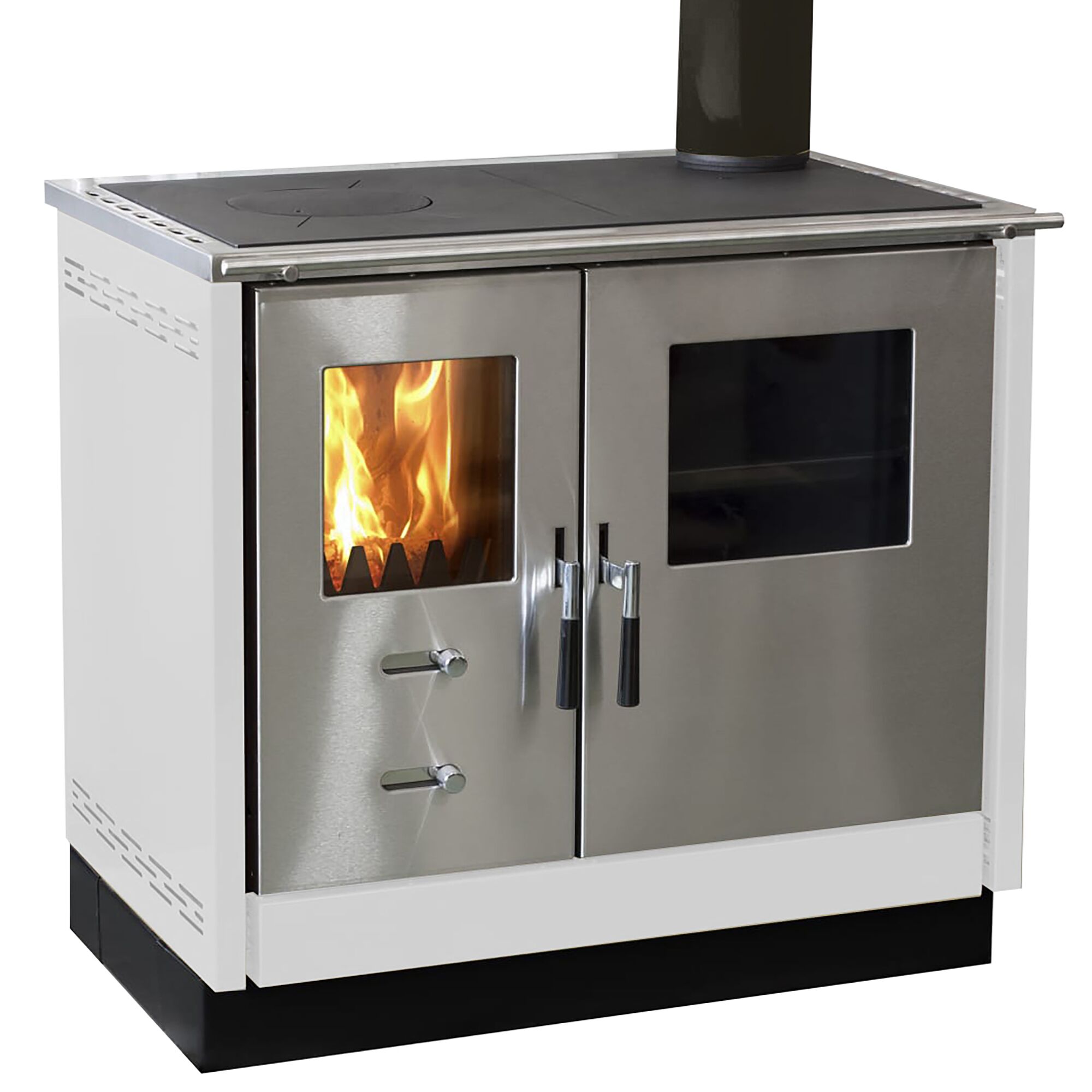 Weißer Küchenherd mit Brennkammer und Backofen.
