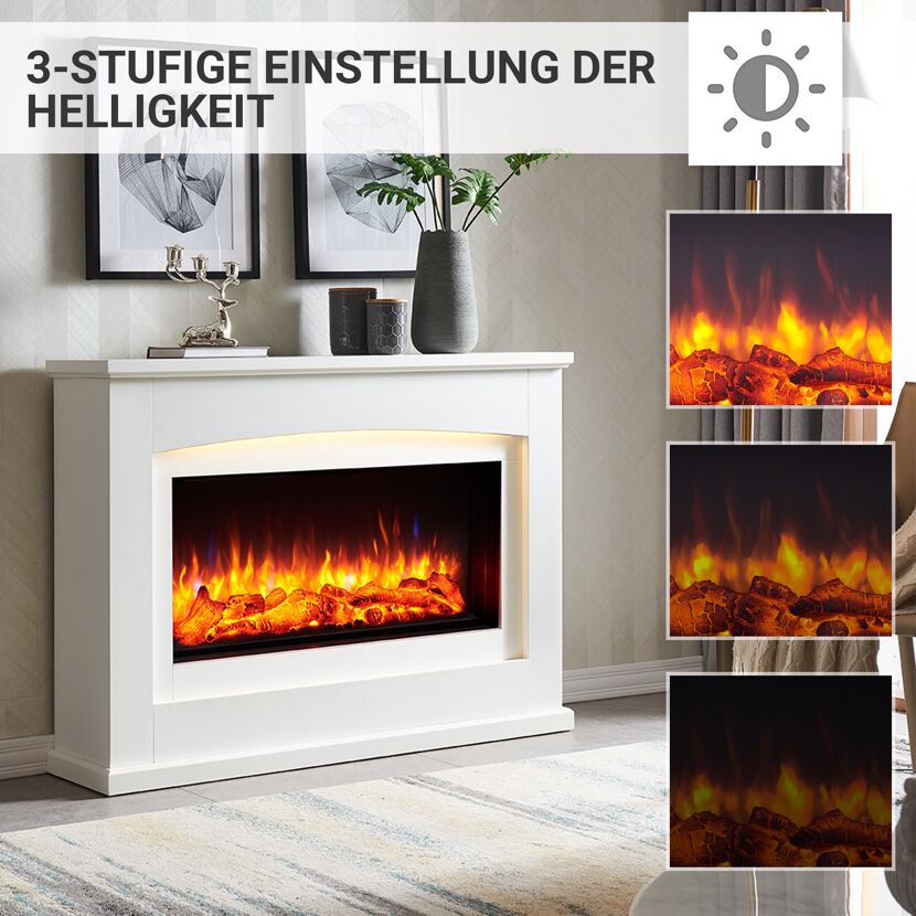 Weißer Elektrokamin mit drei Helligkeitsstufen
