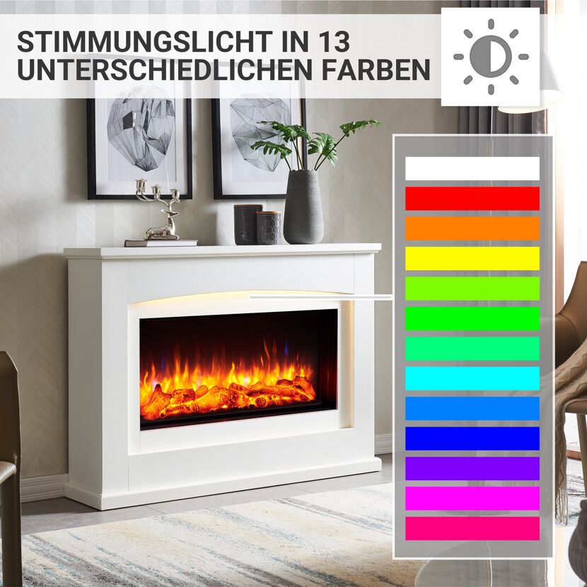 Weißer Elektrokamin mit verschiedenen Lichtfarben