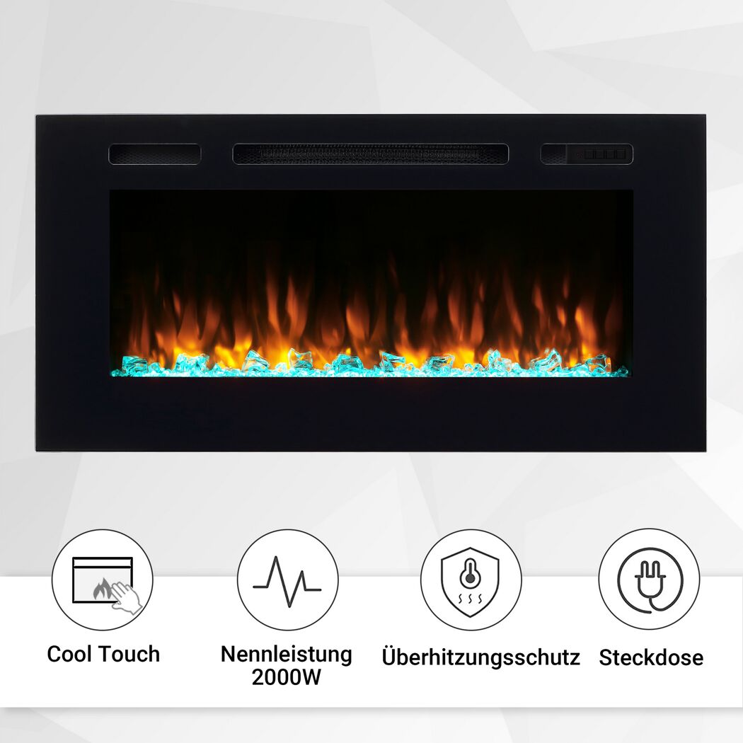 Schwarzer Elektrokamin mit blau leuchtenden Steinen