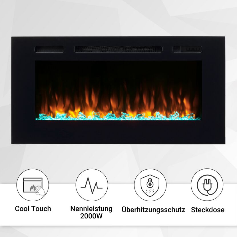 Schwarzer Elektrokamin mit blau leuchtenden Steinen