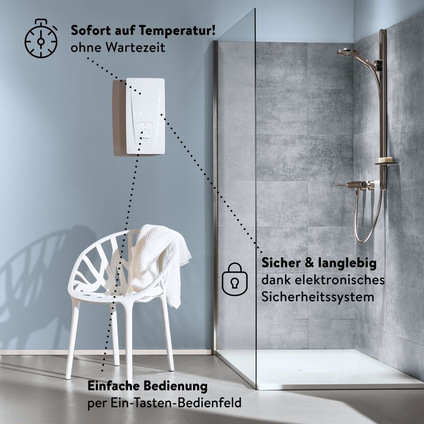 Elektronischer Durchlauferhitzer in Badezimmer
