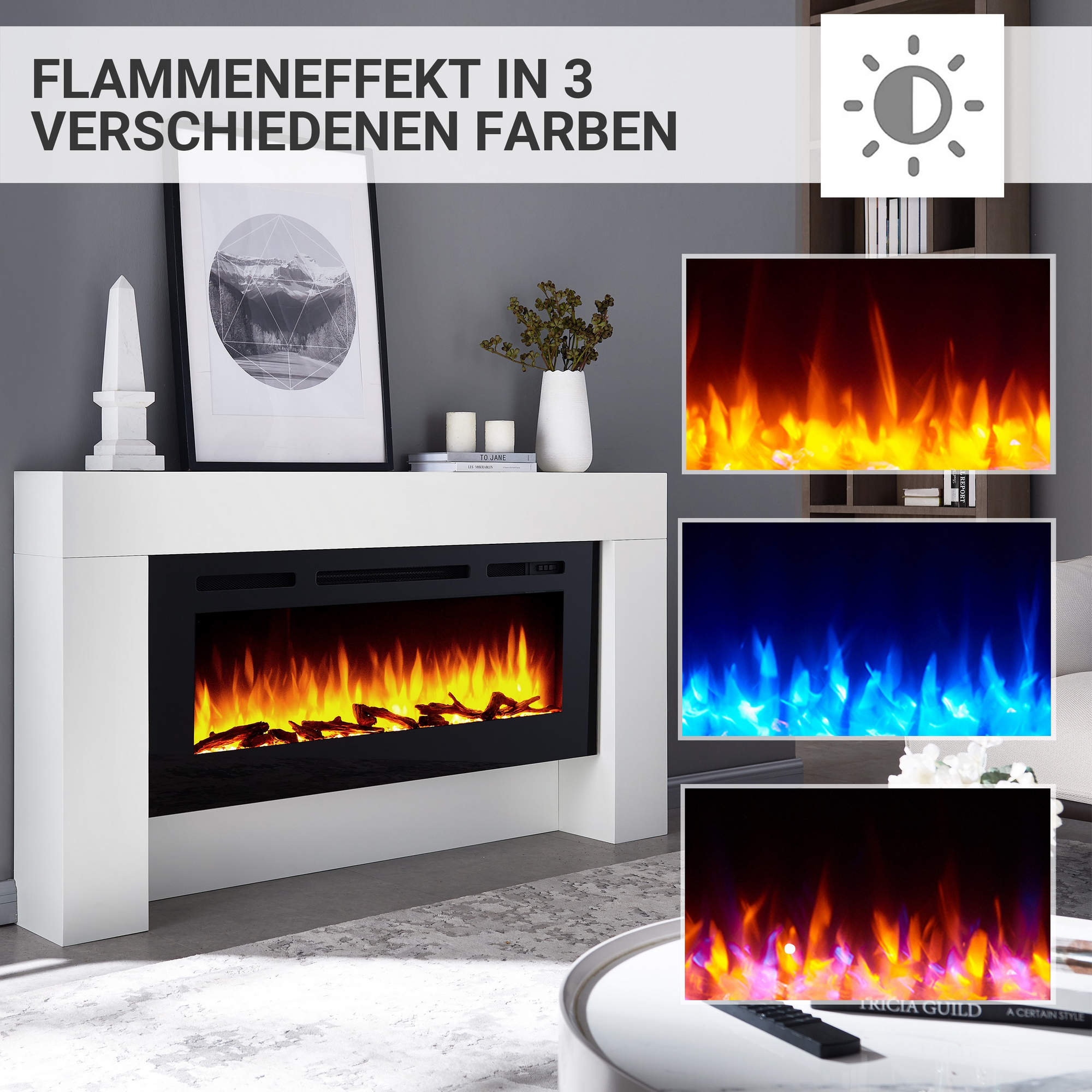 Elektro-Standkamin 'Zeus' weiß 2000 W, 3D-Flammeneffekt Fernbedienung 161 x 88 x 21 cm + product picture