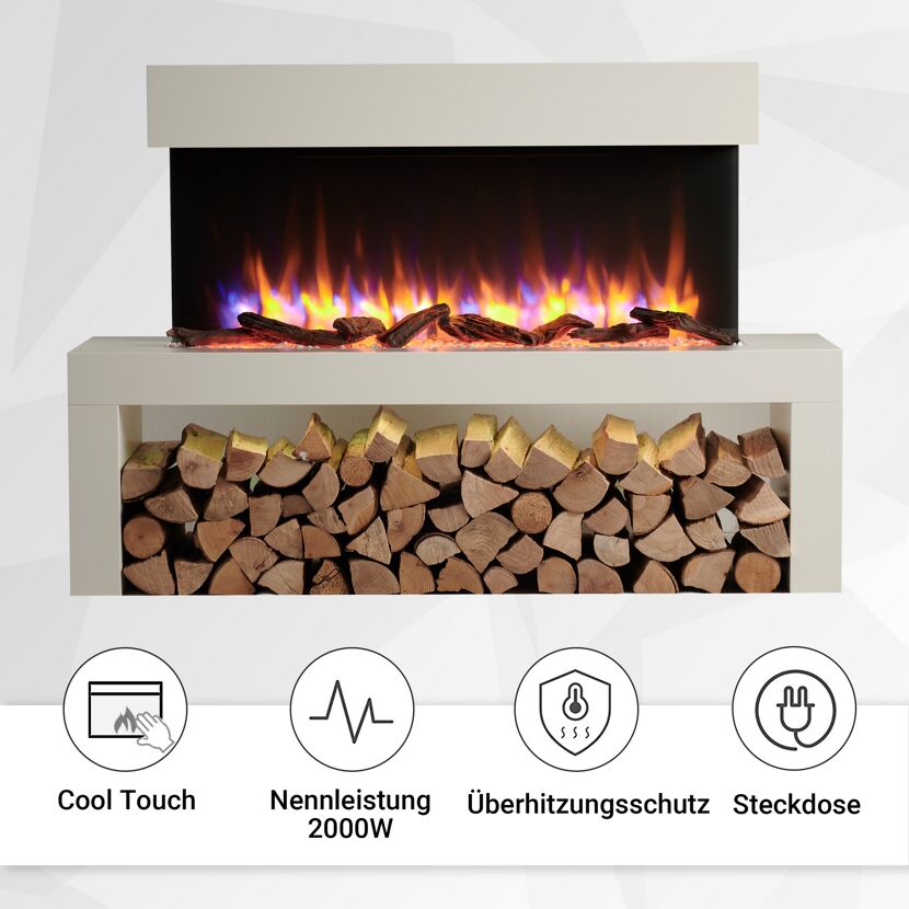 Weißer Elektrokamin mit Deko-Holz