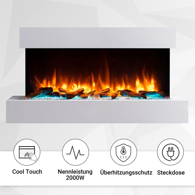Weißer Elektrokamin mit Deko-Holz