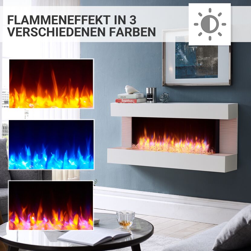 Weißer Elektrokamin mit drei verschiedenen Flammenfarben