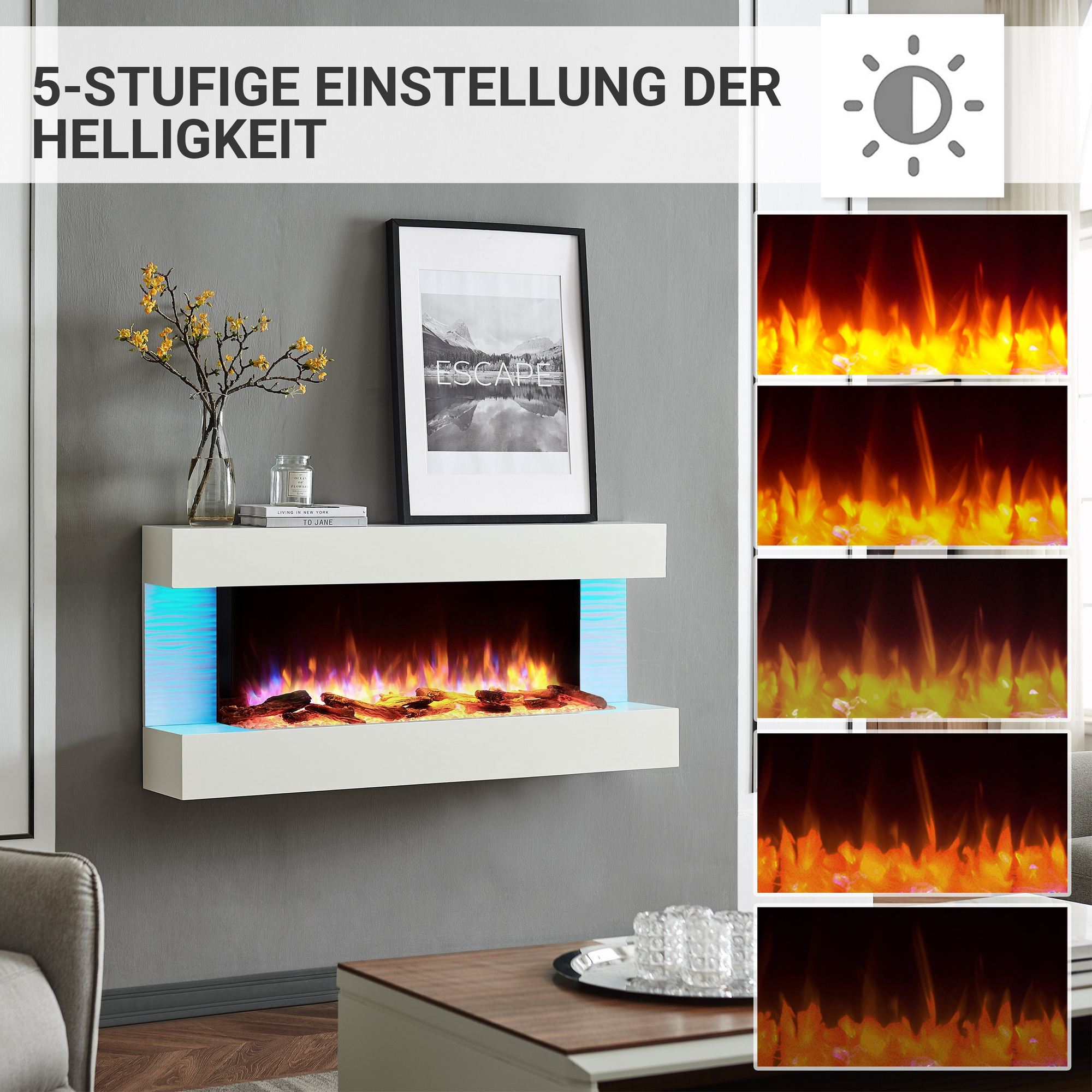 Elektro-Wandkamin 'Helia' weiß 2000 W 3D-Flammeneffekt Fernbedienung 127 x 58,9 x 25 cm + product picture