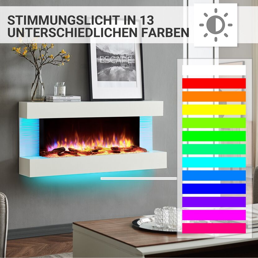 Weißer Elektrokamin mit verschiedenen Lichtfarben