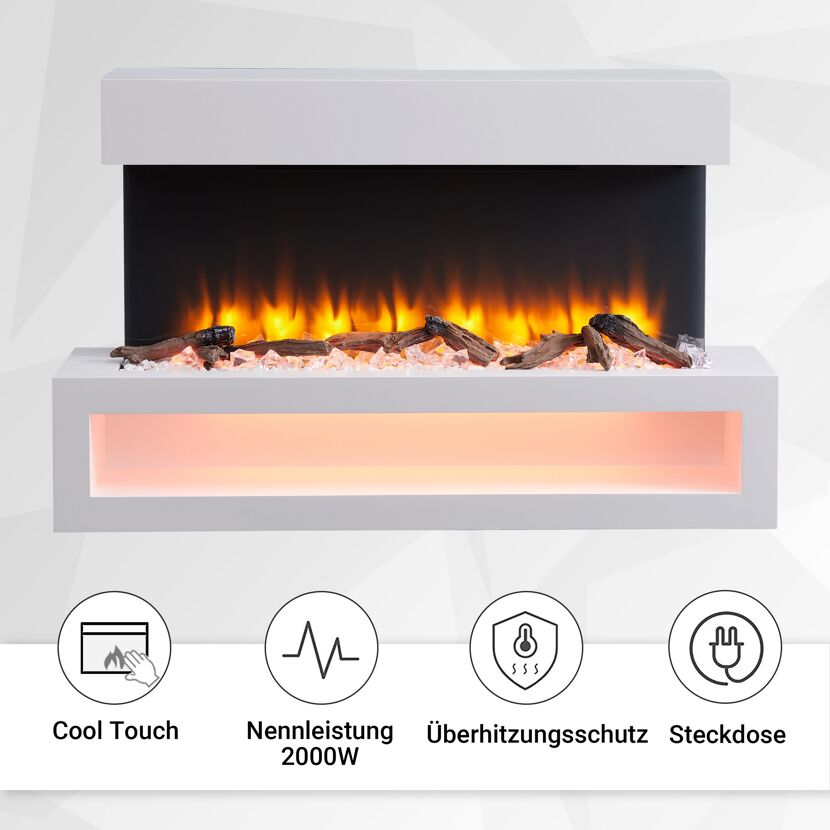 Weißer Elektrokamin mit Deko-Holz und -Steinen