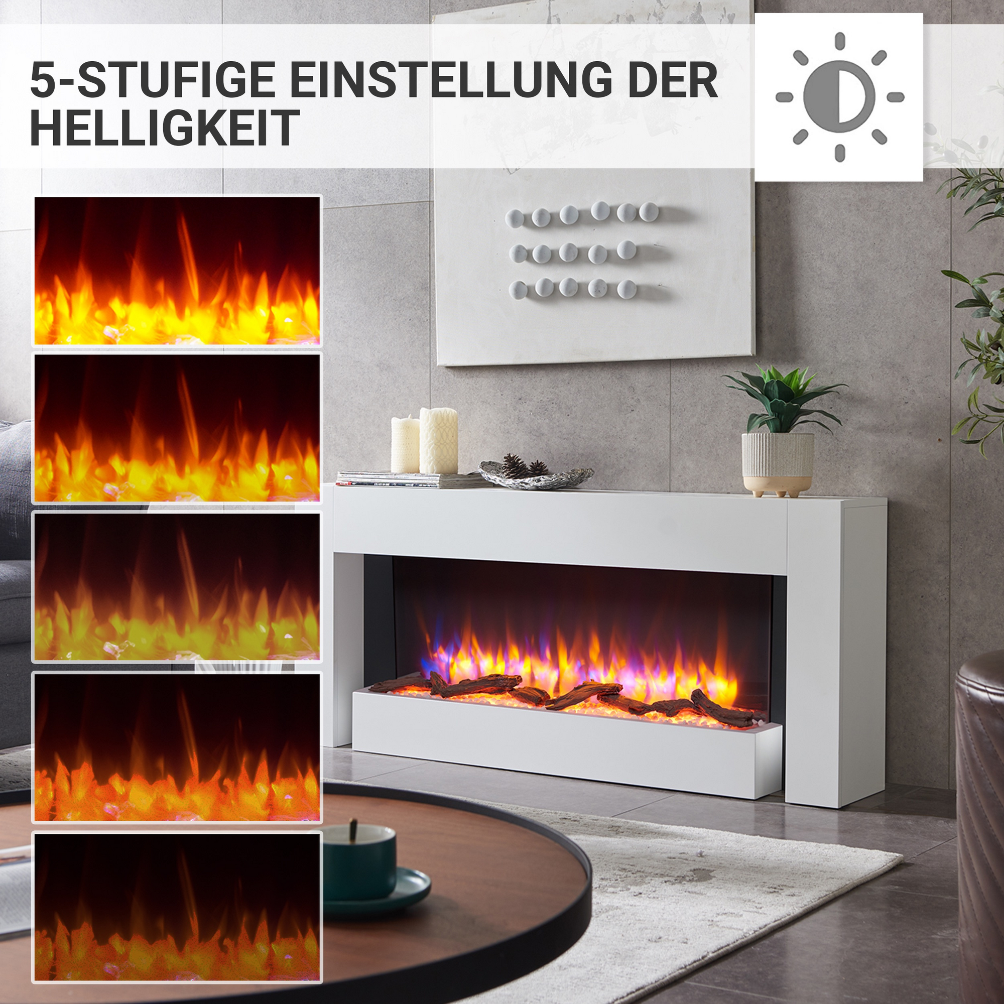 Elektro-Standkamin 'Diona' weiß 2000 W, 3D-Flammeneffekt Fernbedienung 132 x 58,2 x 24 cm + product picture