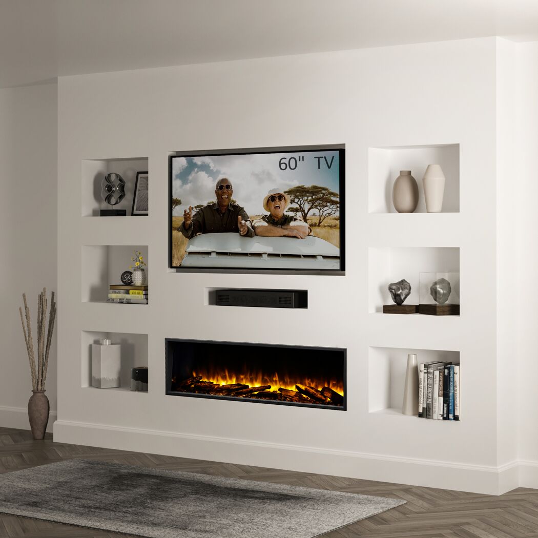 Wohnzimmer mit Elektrokamin und Fernseher