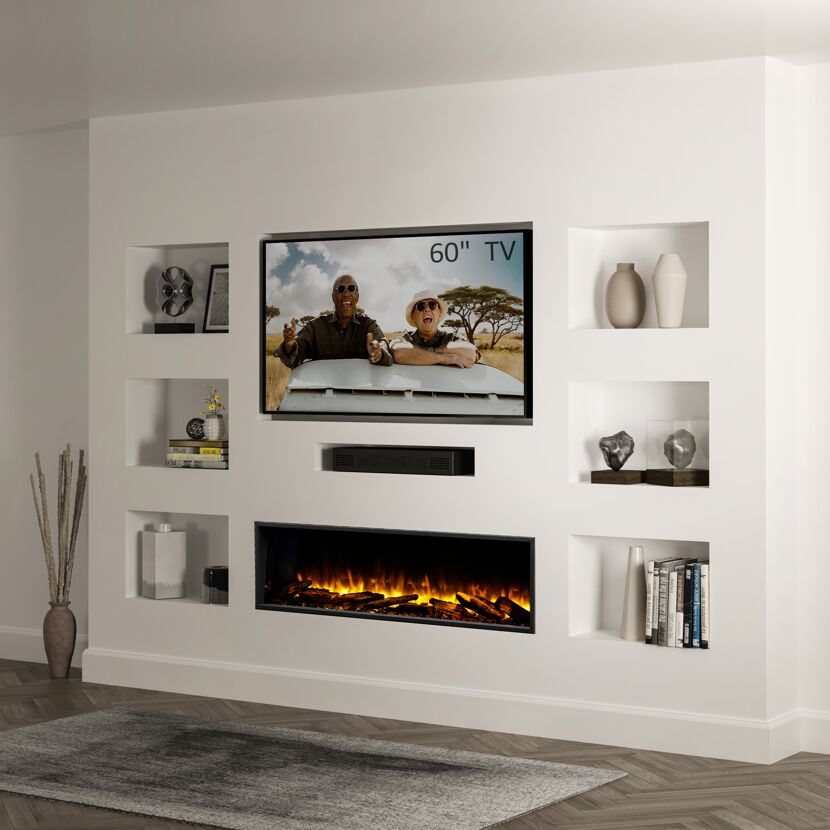Wohnzimmer mit Elektrokamin und Fernseher