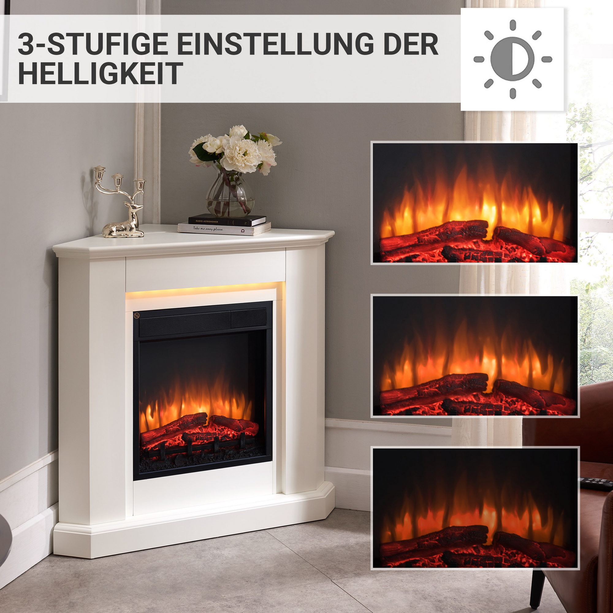 Elektro-Eckkamin 'Candela' weiß 2000 W, 3D-Flammeneffekt Fernbedienung 96,3 x 93,4 x 56,8 cm + product picture