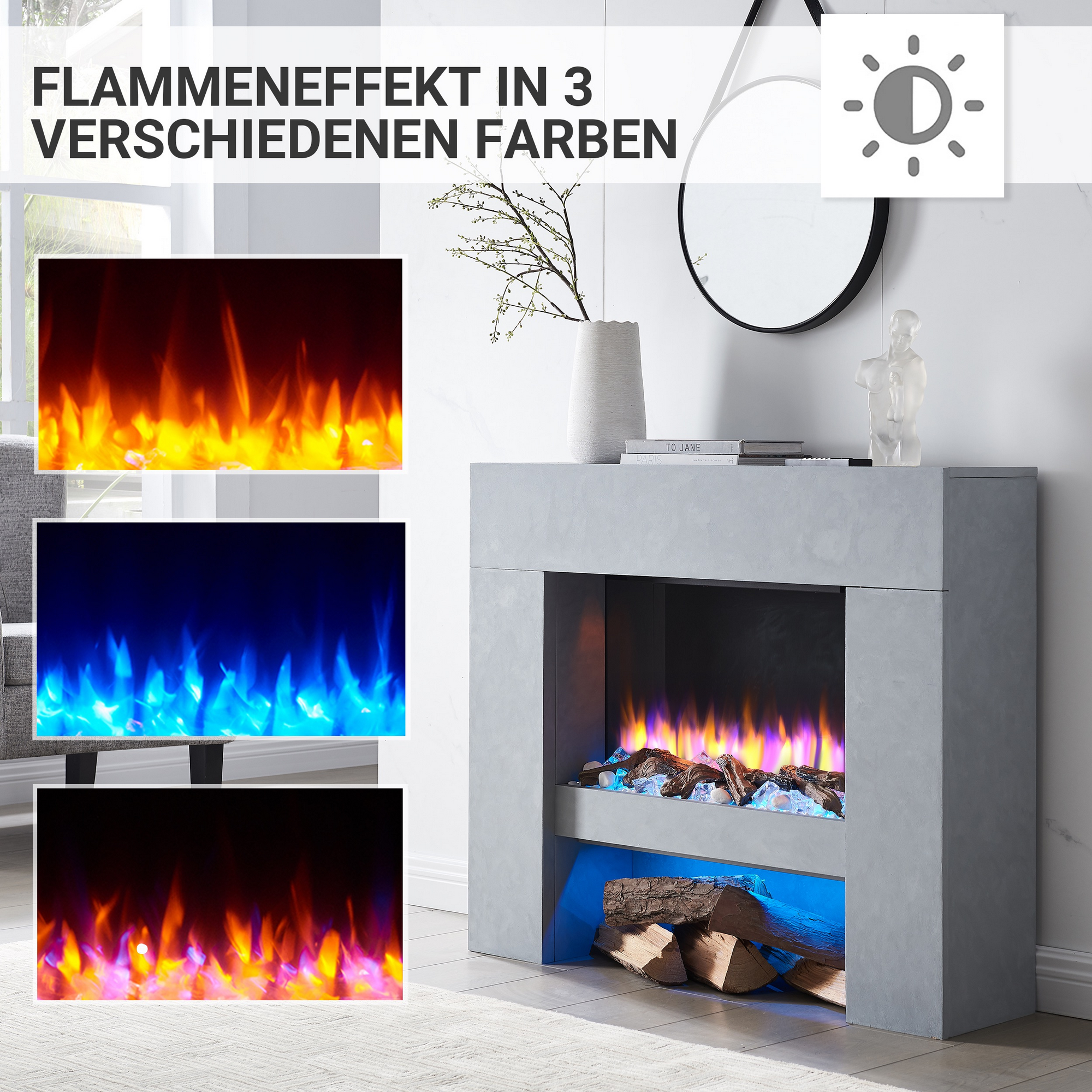 Elektro-Standkamin 'Naran' betongrau 2000 W, 3D-Flammeneffekt Fernbedienung 100 x 84 x 24,5 cm + product picture