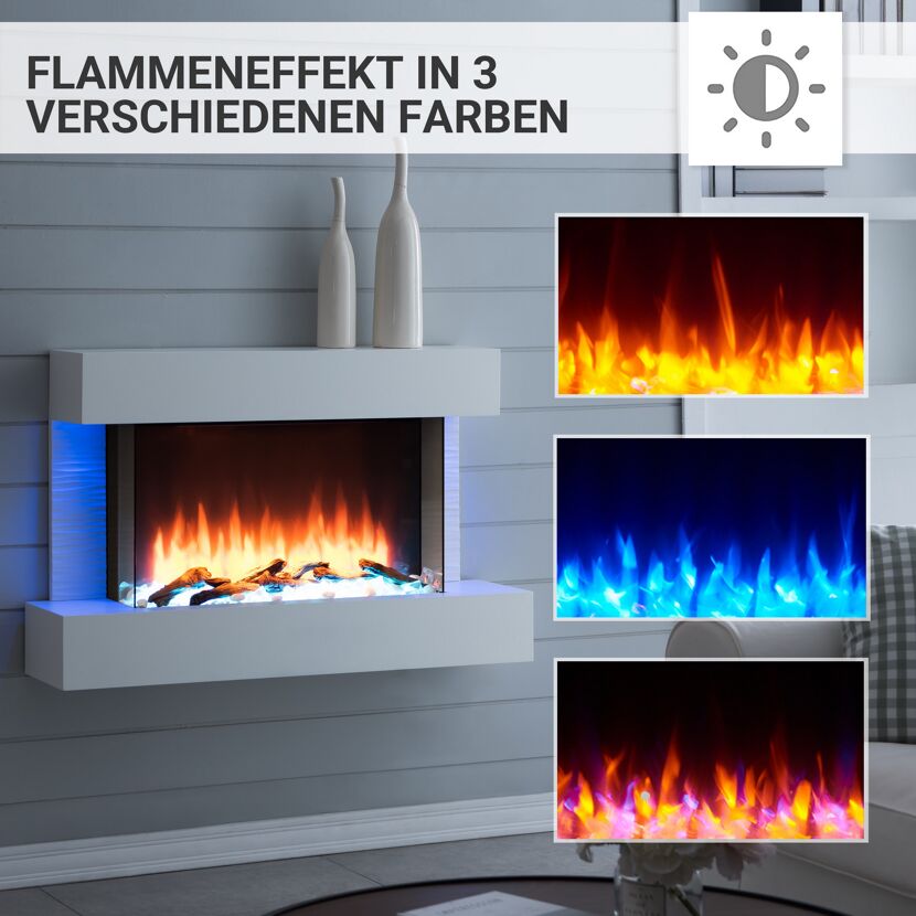 Weißer Elektrokamin mit drei verschiedenen Flammenfarben