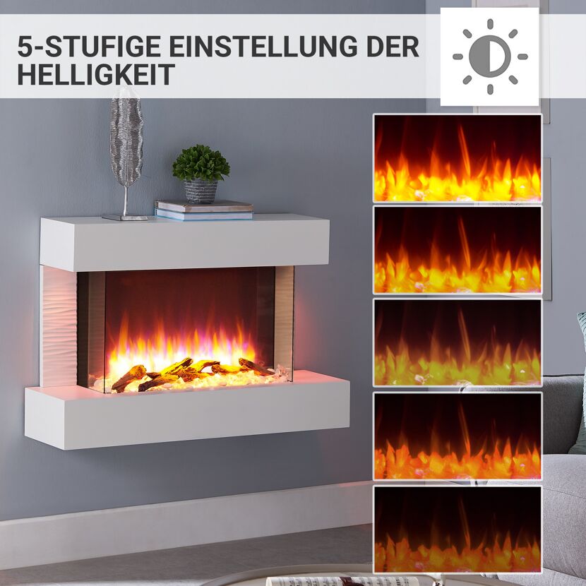 Weißer Elektrokamin mit verschiedenen Helligkeitsstufen
