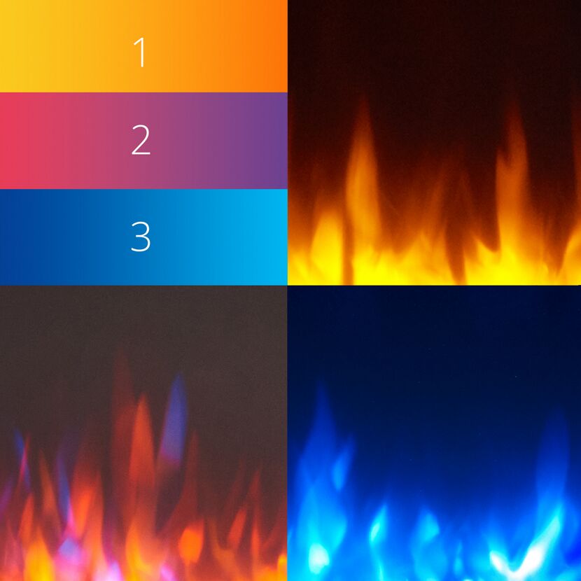 Vier Bilder mit verschiedenen Flammenfarben