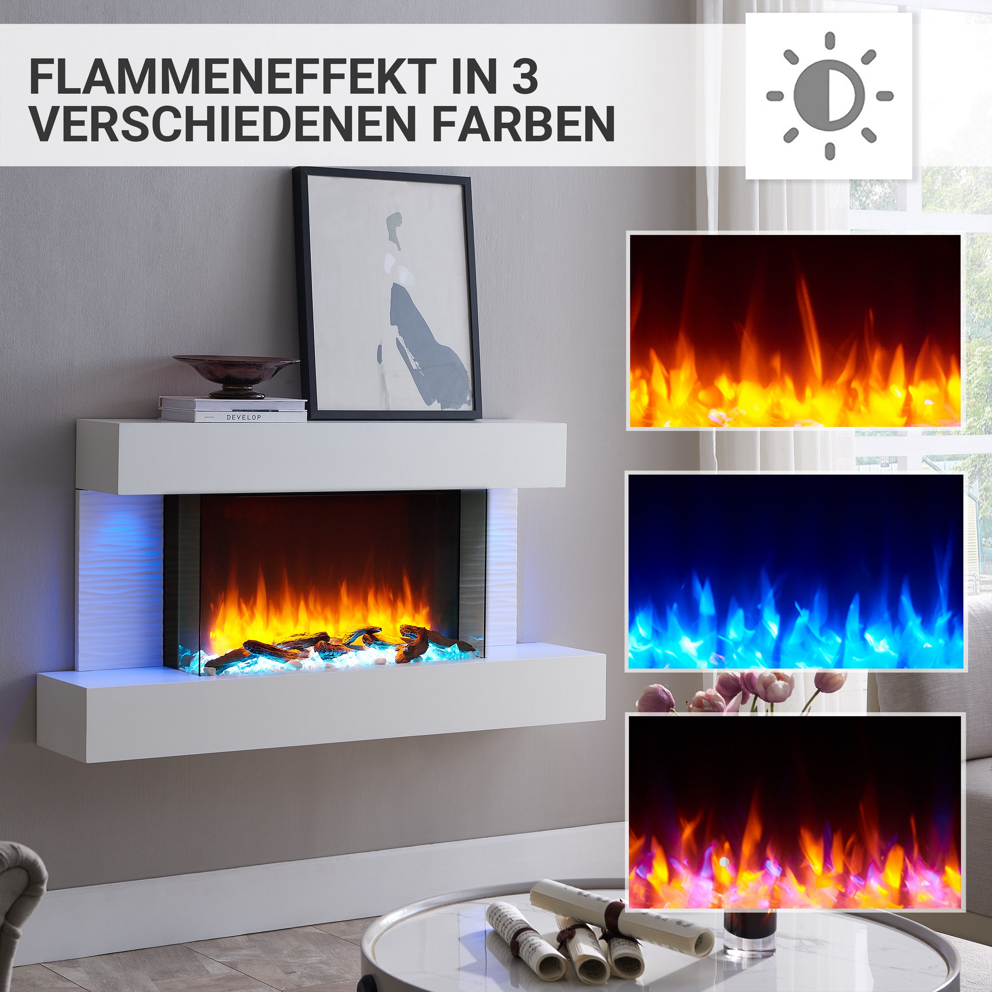 Elektro-Standkamin 'Aieda' weiß 2000 W, 3D-Flammeneffekt Fernbedienung 120 x 63,2 x 24 cm + product picture