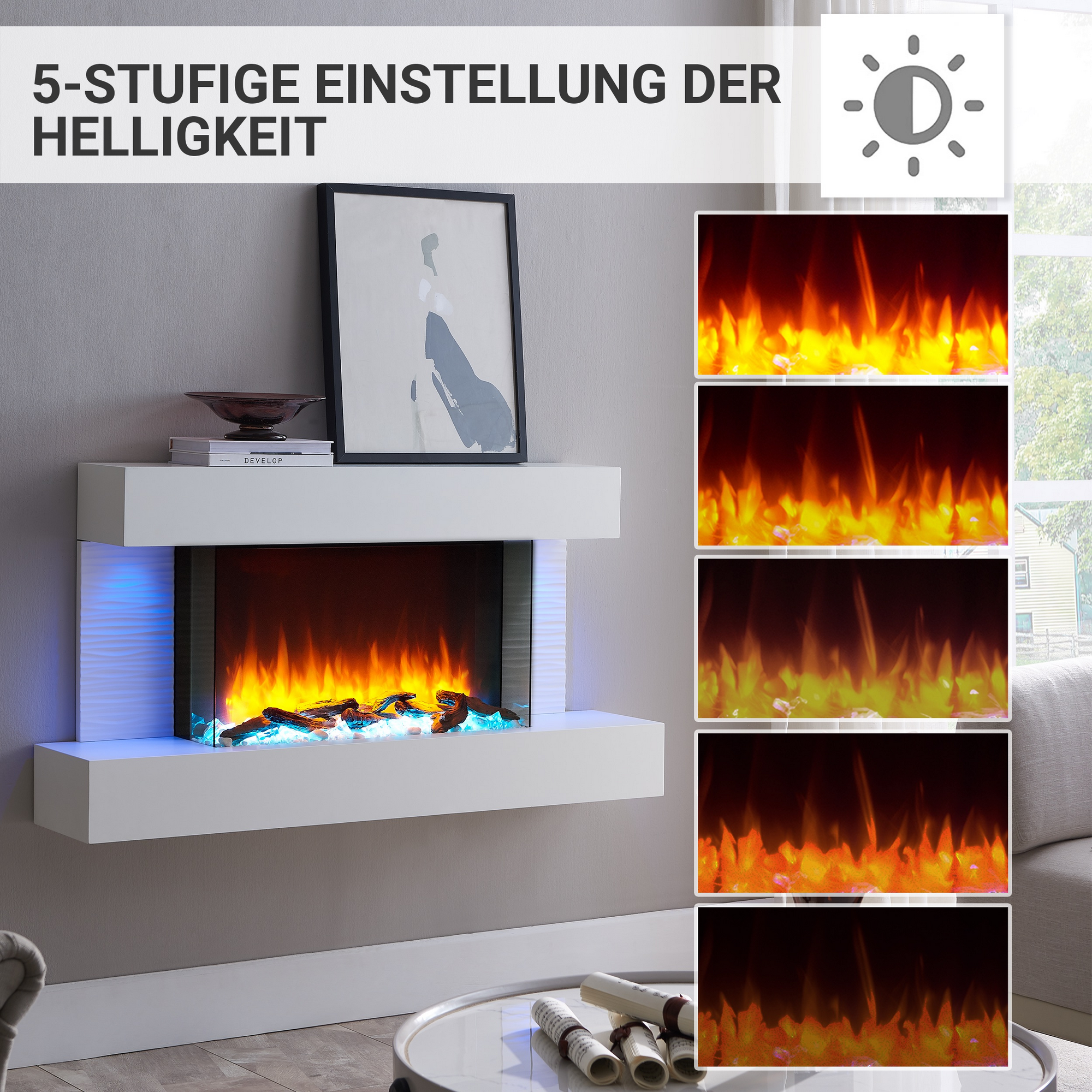 Elektro-Standkamin 'Aieda' weiß 2000 W, 3D-Flammeneffekt Fernbedienung 120 x 63,2 x 24 cm + product picture