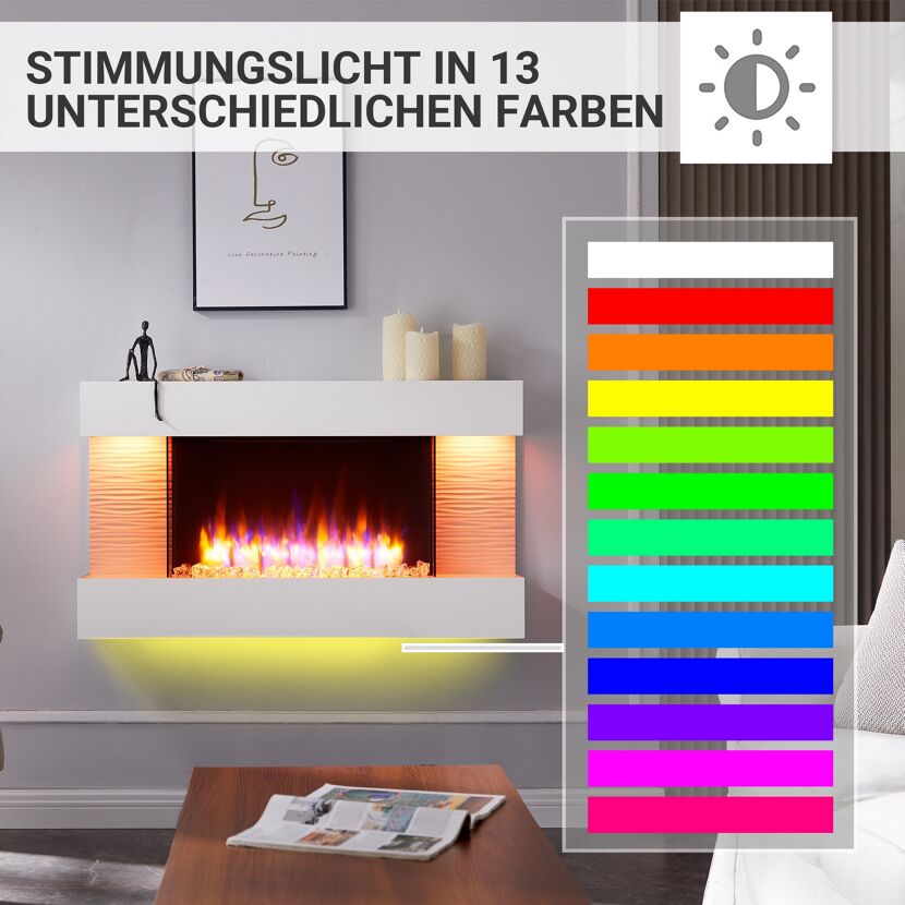 Weißer Elektrokamin mit verschiedenen Lichtfarben