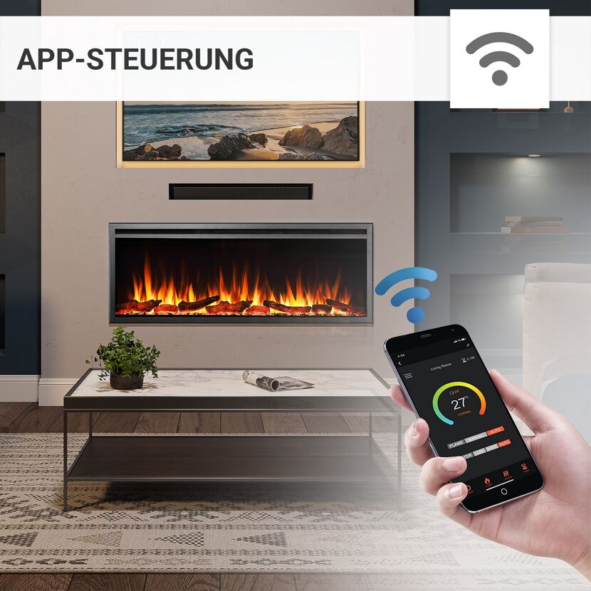 Person steuert Elektrokamin mit Smartphone