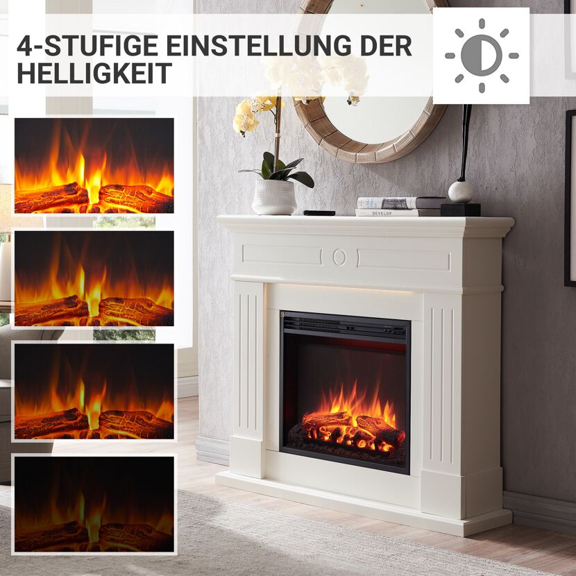 Weißer Elektrokamin mit einstellbarer Helligkeit