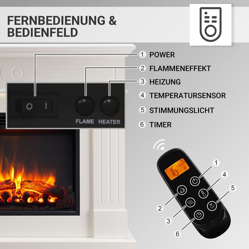 Weißer Elektrokamin mit Fernbedienung.