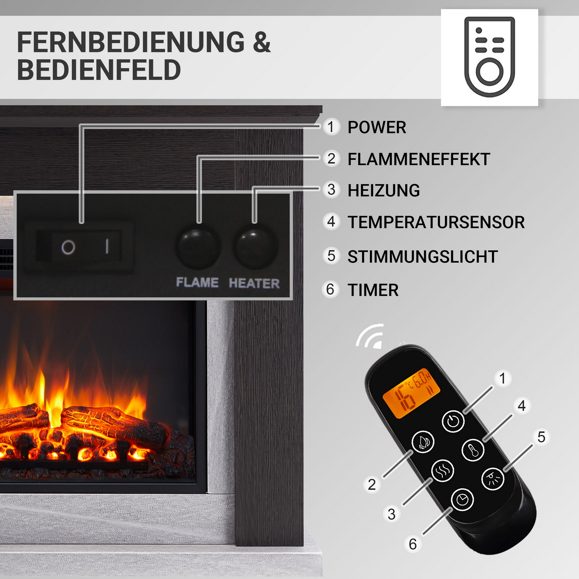 Elektro-Standkamin 'Hektor' dunkle Eiche 2000 W, 3D-Flammeneffekt Fernbedienung 101 x 88,3 x 25 cm + product picture