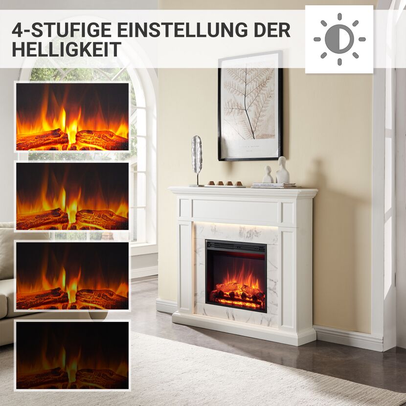 Weißer Elektrokamin mit einstellbarer Helligkeit.