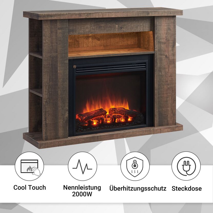 Elektrischer Kamin mit Holzumrandung und Flammeneffekt