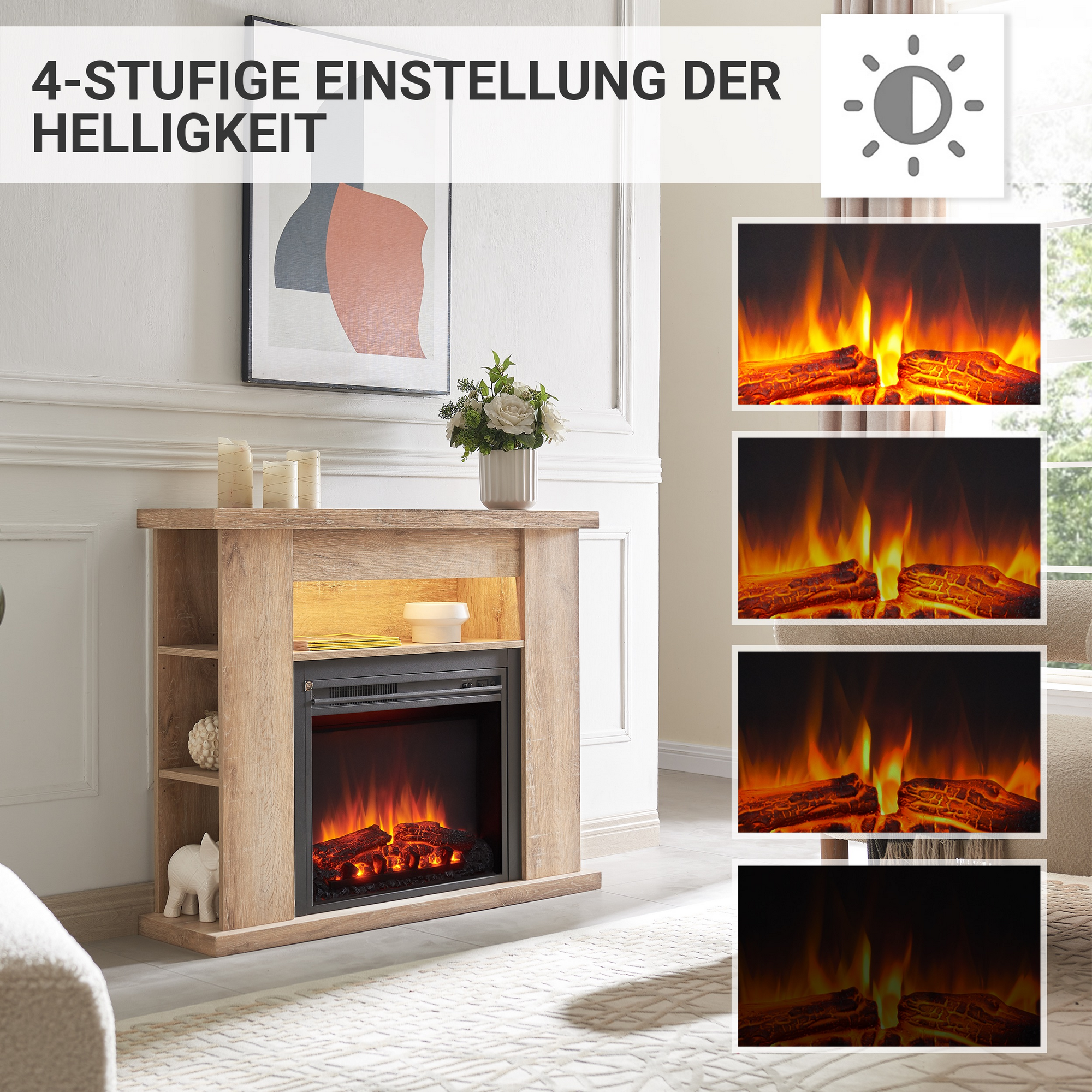 Elektro-Standkamin 'William' hellbraun rustikal 2000 W, 3D-Flammeneffekt Fernbedienung 110 x 88 x 28 cm + product picture