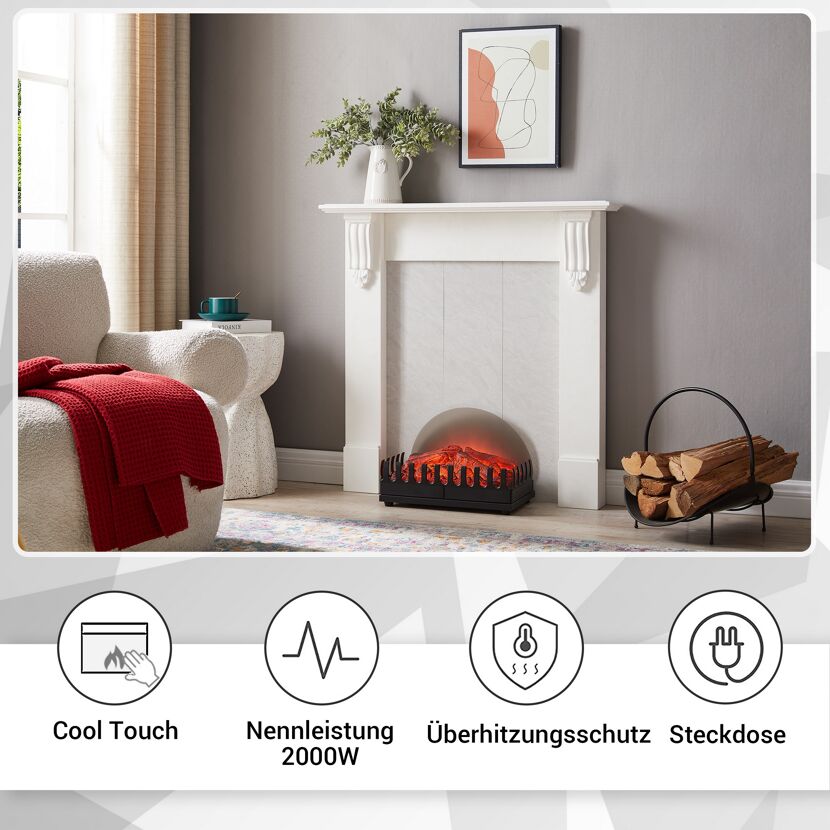 Elektrischer Kamin mit Deko-Holz im Wohnzimmer
