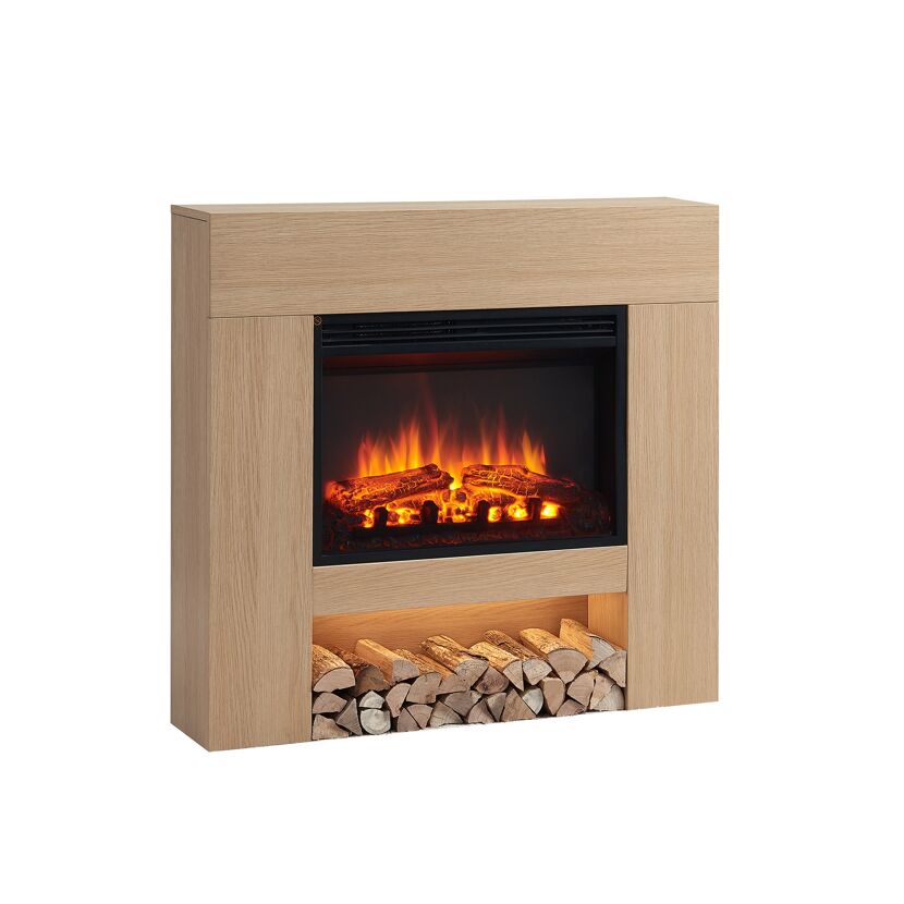 Heller Elektrokamin mit Deko-Holz
