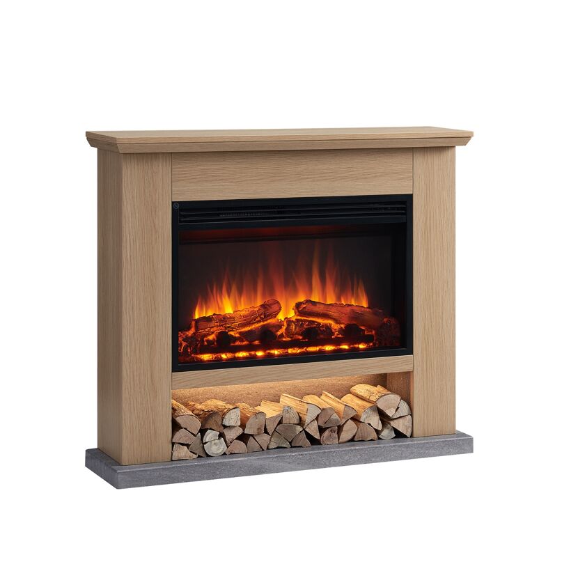Elektrischer Kamin mit Kaminsims aus Holz
