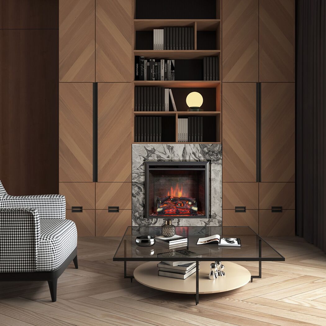 Kamin in Wohnzimmer mit Einbauregal