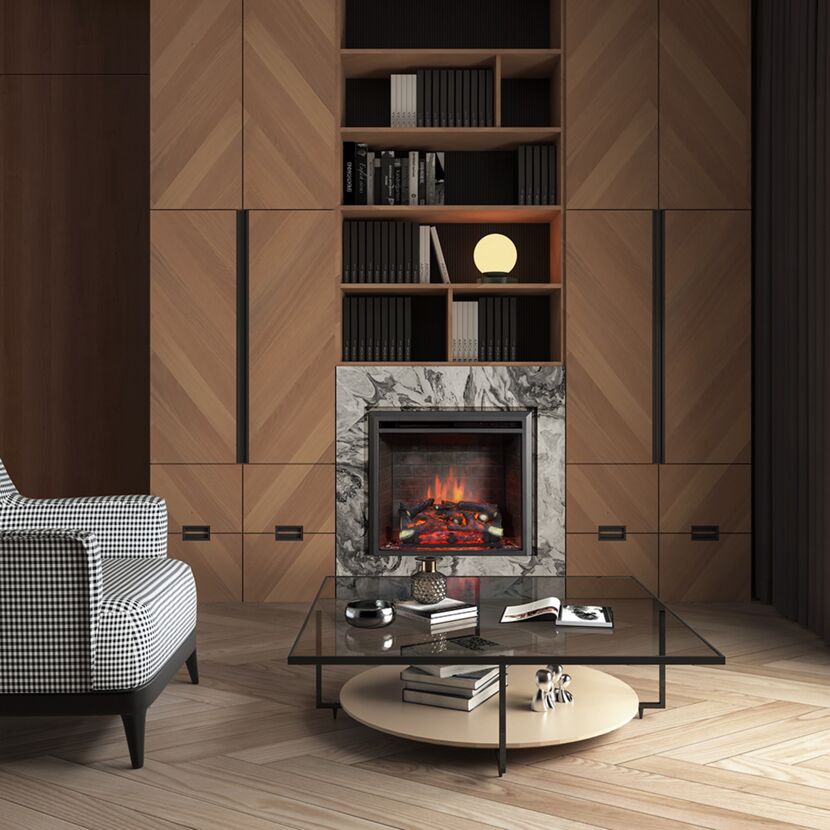 Kamin in Wohnzimmer mit Einbauregal