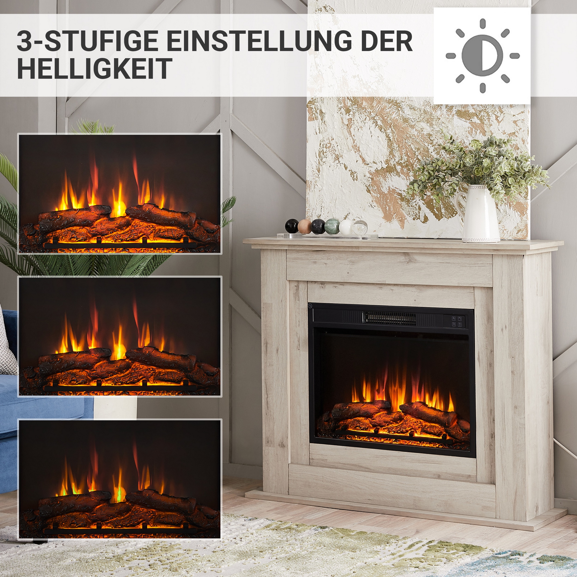 Elektro-Standkamin 'Finn' graue Eiche 2000 W, 3D-Flammeneffekt Fernbedienung 100 x 82 x 25 cm + product picture