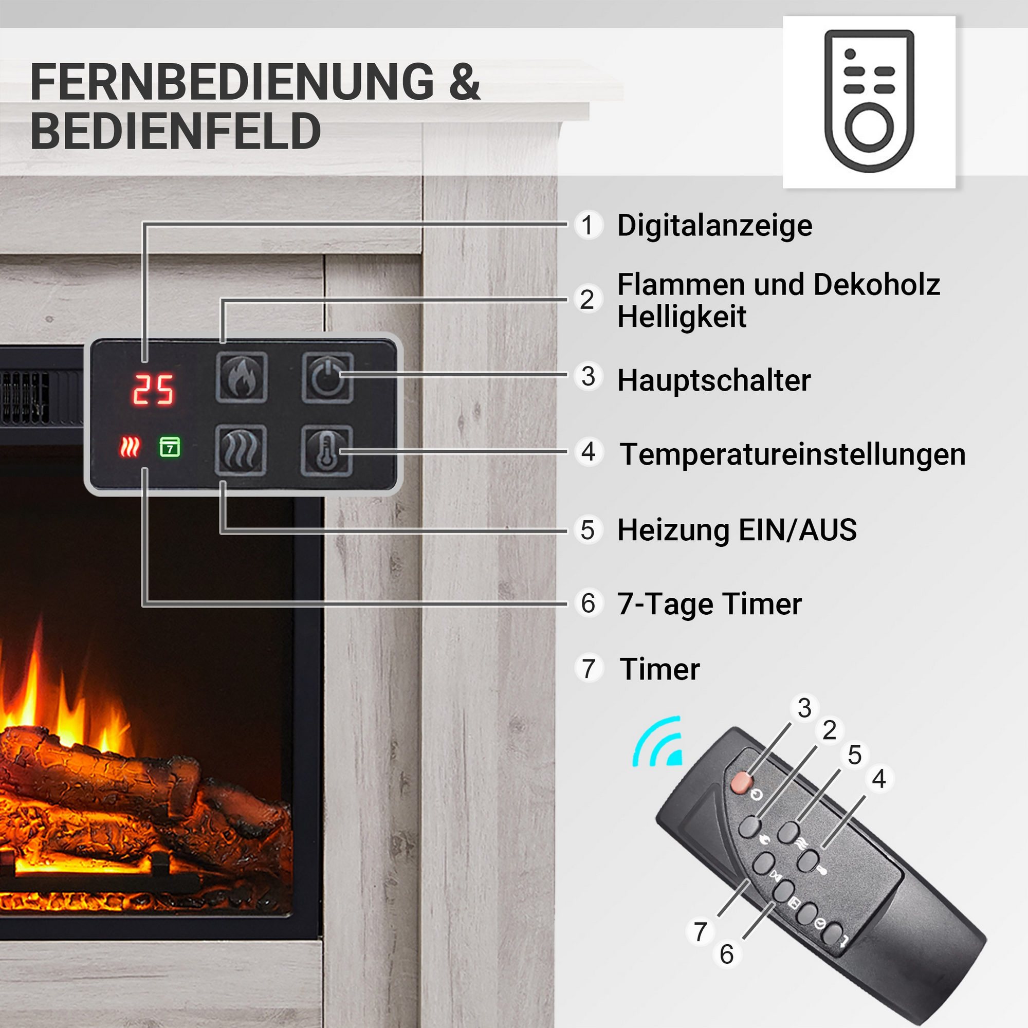 Elektro-Standkamin 'Finn' graue Eiche 2000 W, 3D-Flammeneffekt Fernbedienung 100 x 82 x 25 cm + product picture