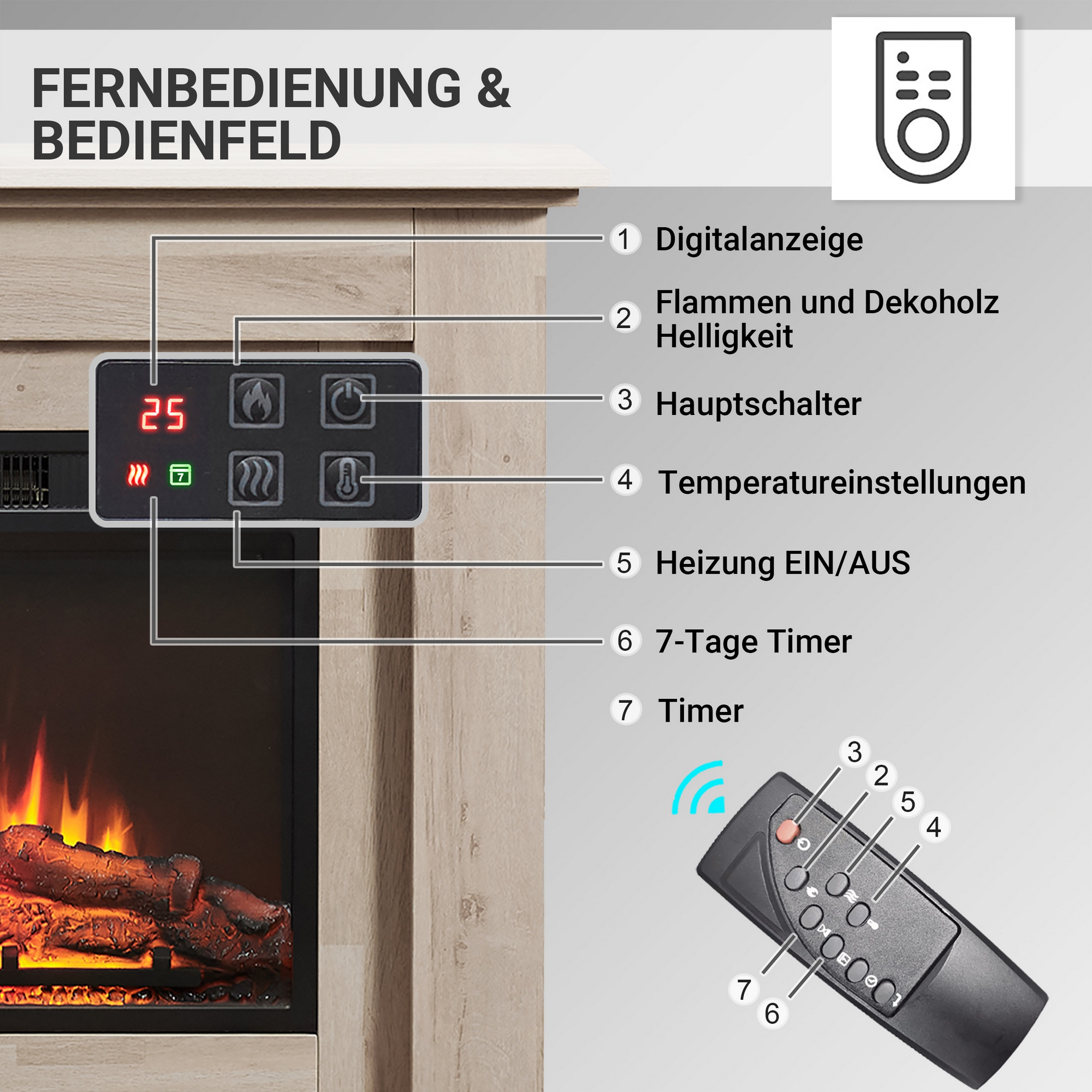 Elektro-Standkamin 'Finn' helle Eiche 2000 W, 3D-Flammeneffekt Fernbedienung 100 x 82 x 25 cm + product picture