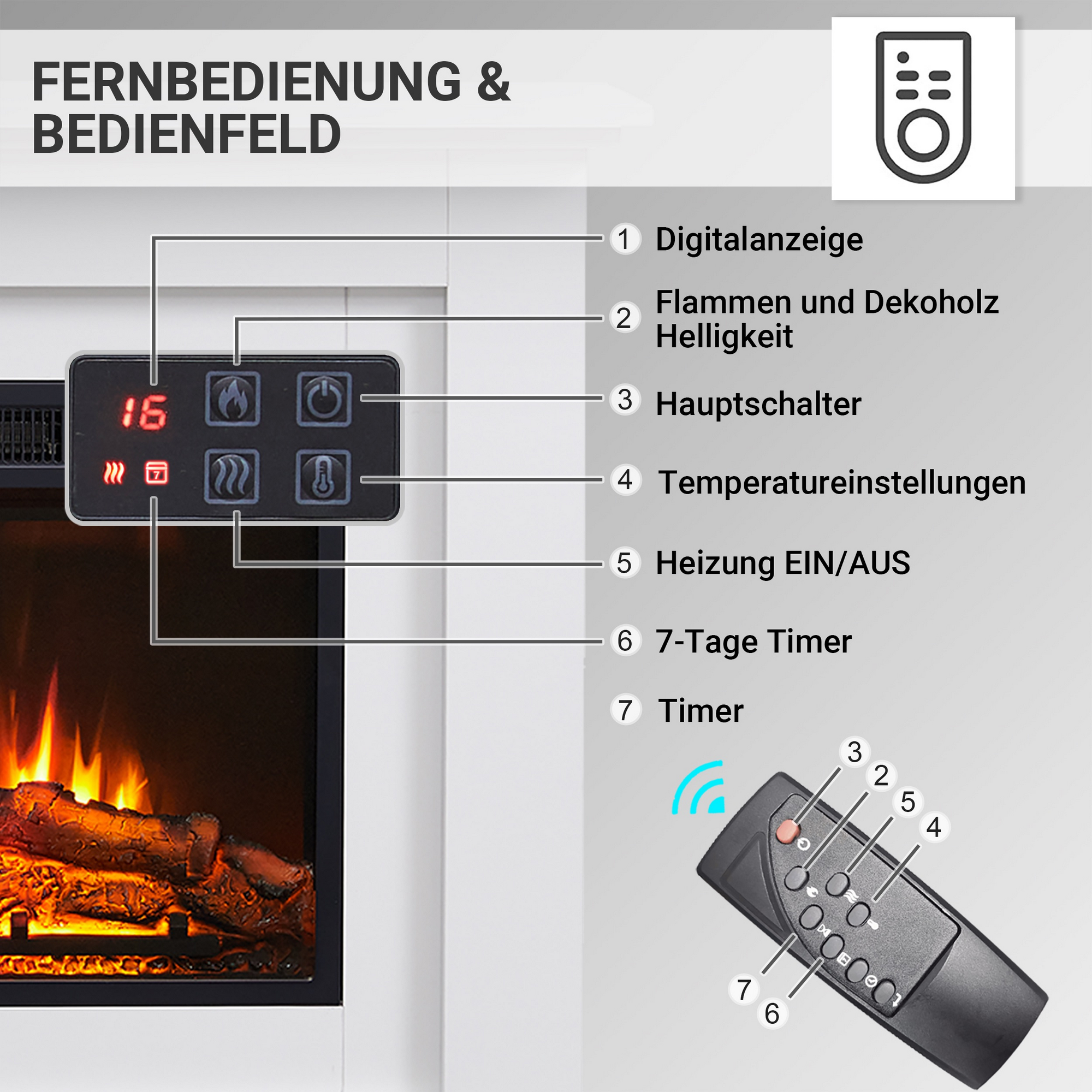 Elektro-Standkamin 'Finn' weiß 2000 W, 3D-Flammeneffekt Fernbedienung 100 x 82 x 25 cm + product picture